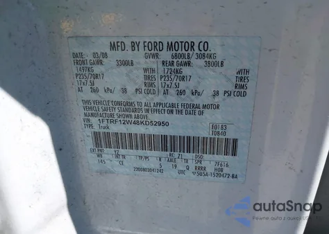 2008 Ford F-150 Fx2/Stx/Xl/Xlt z USA, uszkodzony, nr VIN 1FTRF12W48KD52950